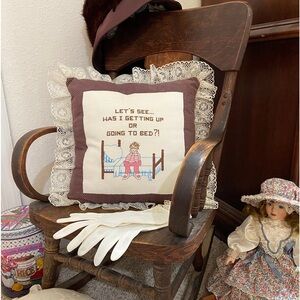 Vintage Needlepoint Handmade Lace Lined Throw Pillow